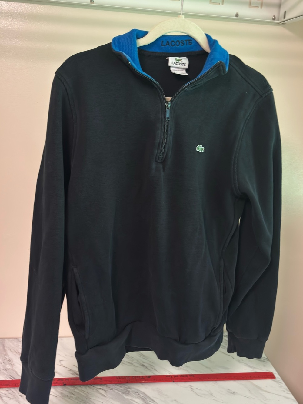 Lacoste Men’s Black Quarter-Zip Sweatshirt with Blue Collar size 6 USXL